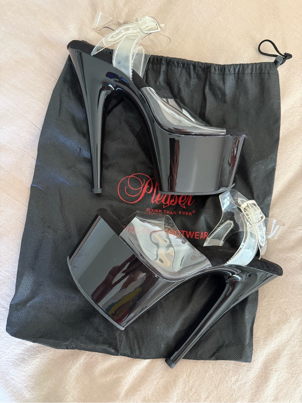 Pleasers Black Platform Stiletto Clear Strap Heels